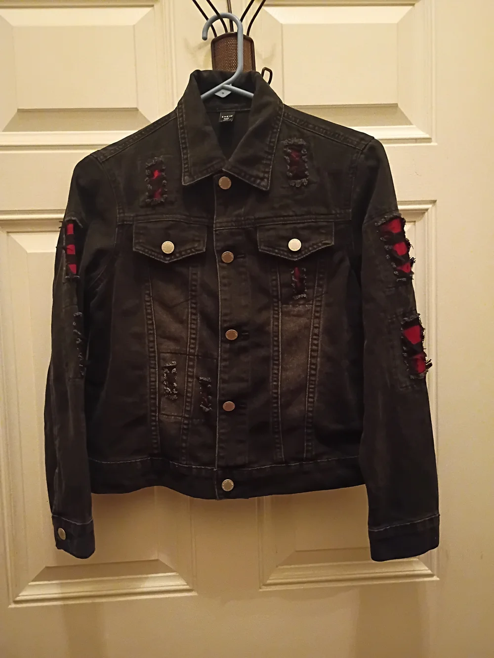 SHEIN Black Distressed Denim Jacket with Red Underlay